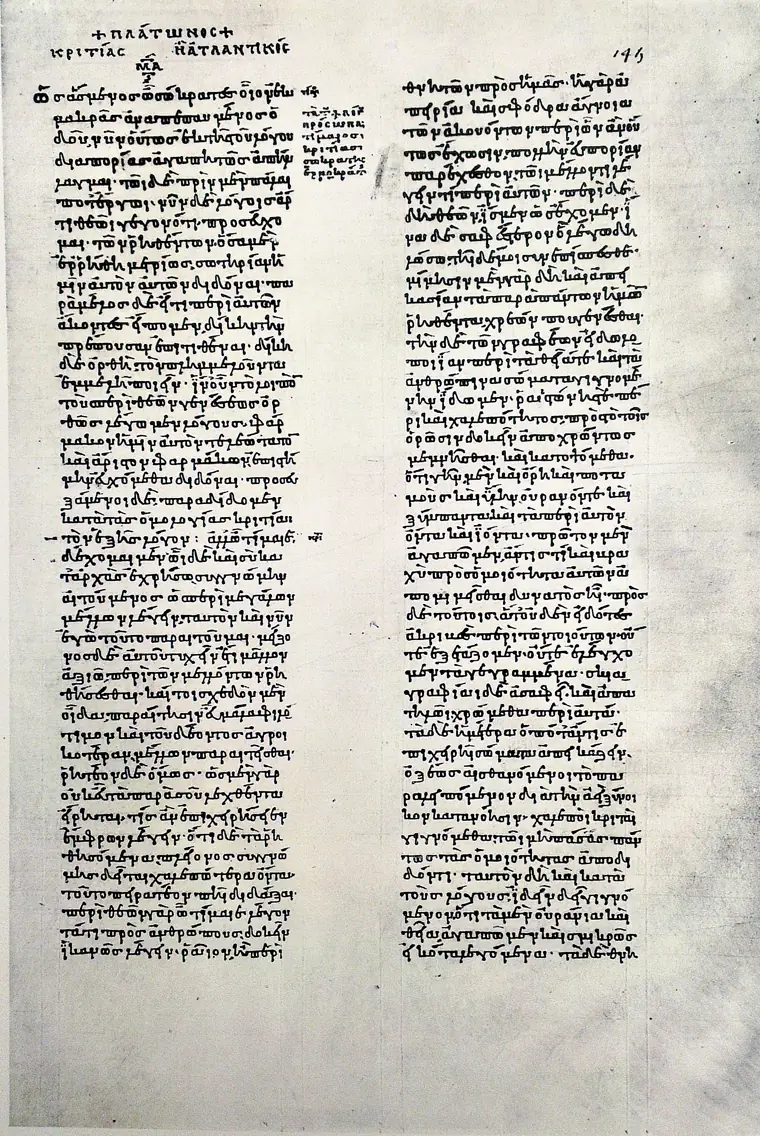 A page of a Greek manuscript in two columns of small brown letters: the opening of Plato’s Critias.